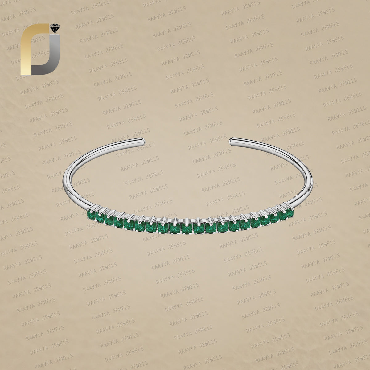 Pave White Diamond 14K Solid Gold Emerald Bracelet