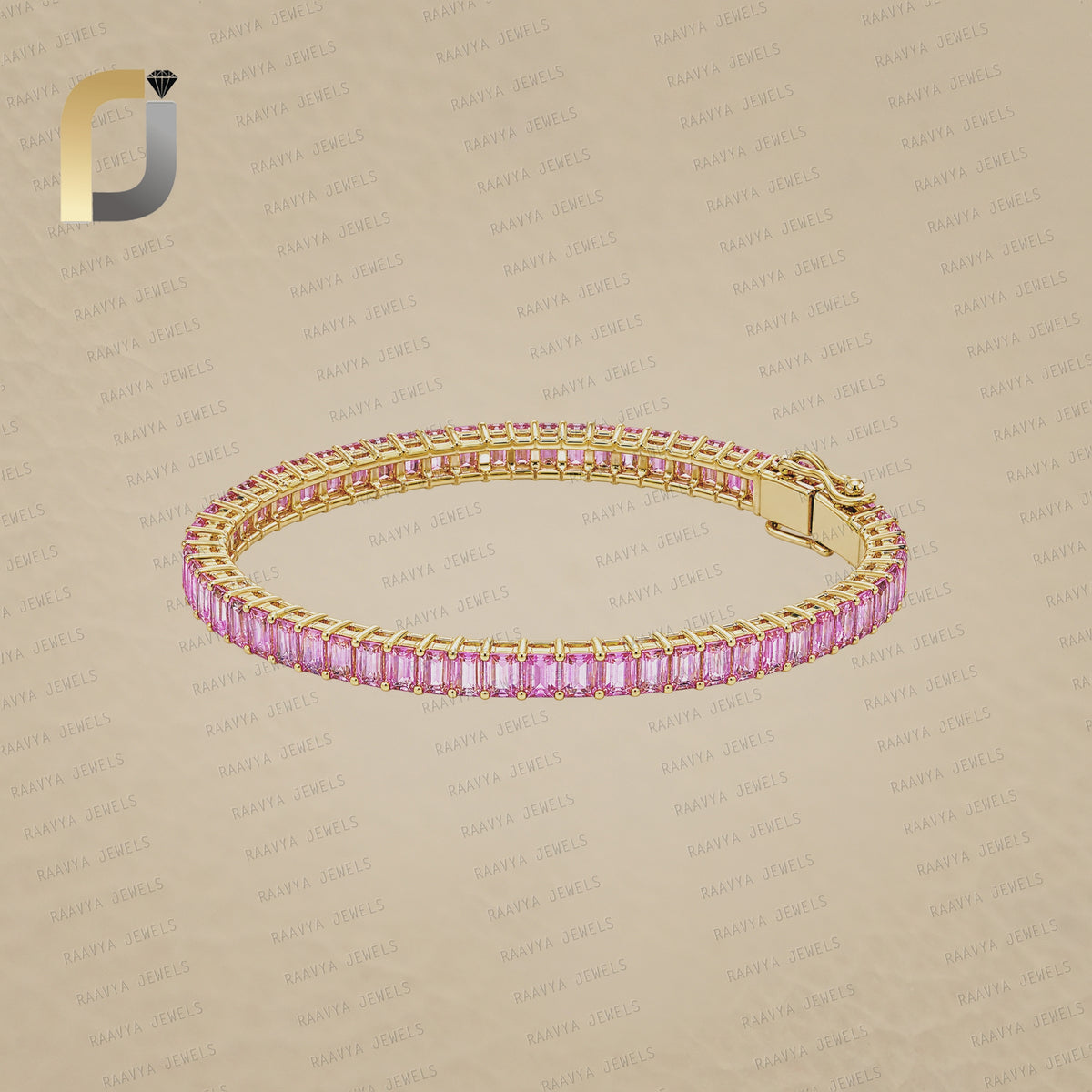 14K Solid Yellow Gold Pink Sapphire Baguette Gemstone Bangle Jewelry