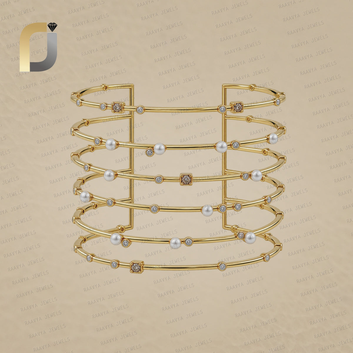 14k Gold Pearl Diamond Cuff Bracelet Fine Jewelry