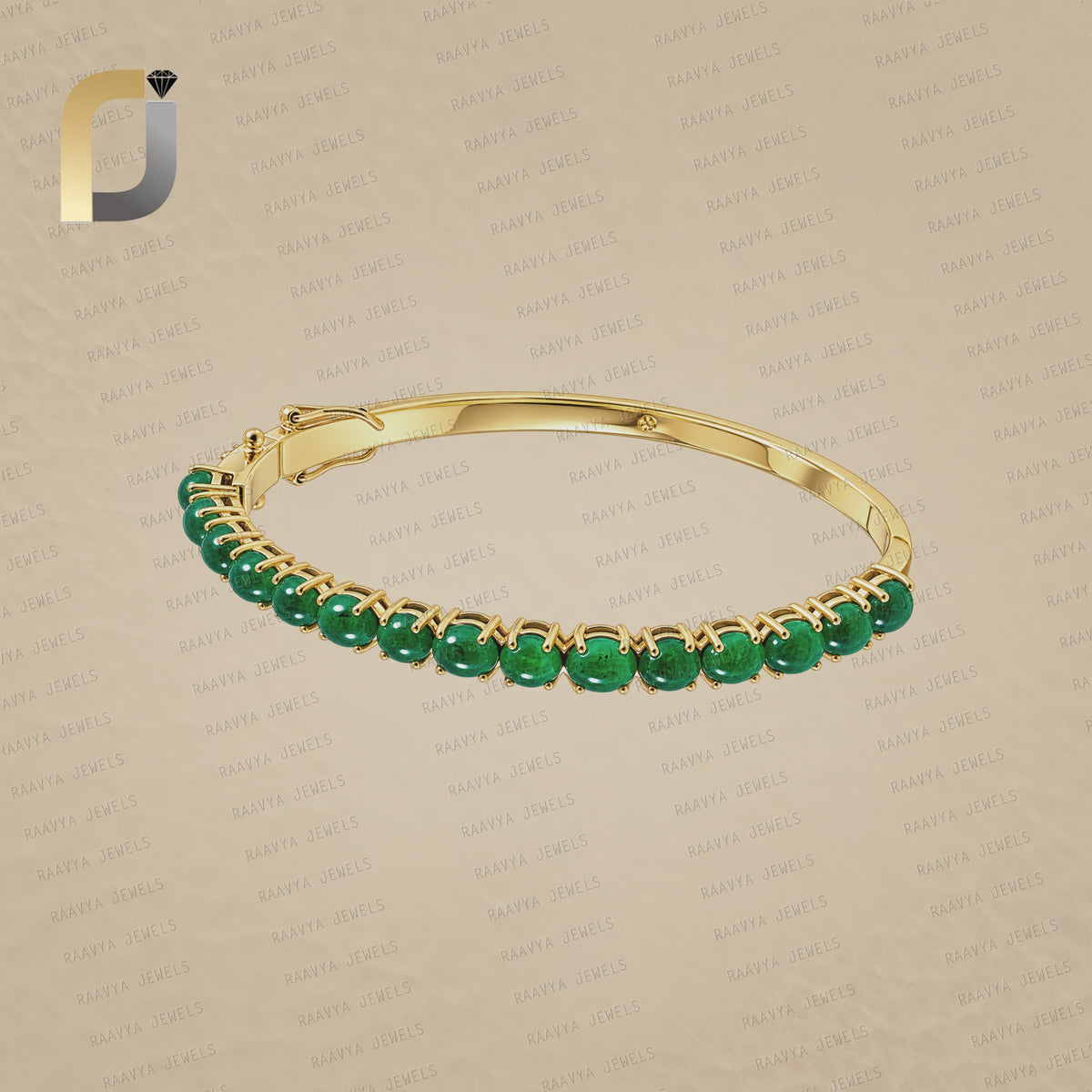 Prong Set Emerald Gemstone 14k Solid Yellow Gold Bangle Bracelet