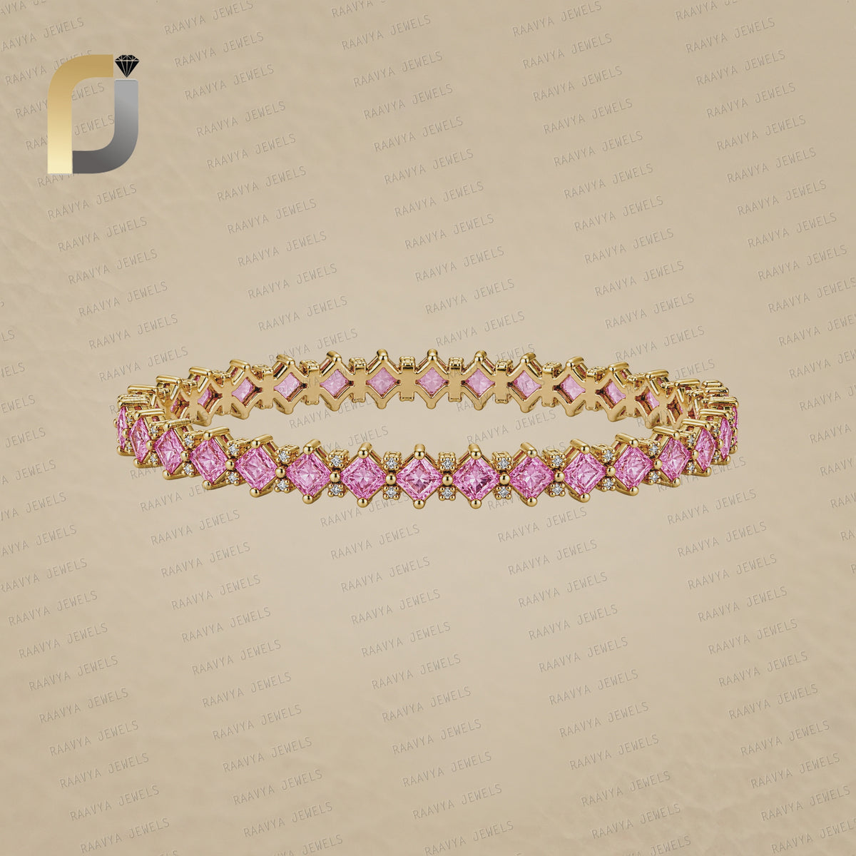 Pink Sapphire White Diamond 14K Gold Diamond Bangle Jewelry