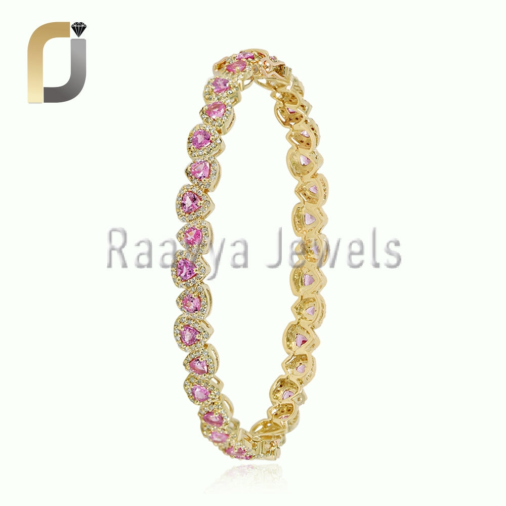 14K Gold Diamond Bangle, Gold Pink Sapphire Double Cut Diamond Bangle Jewelry