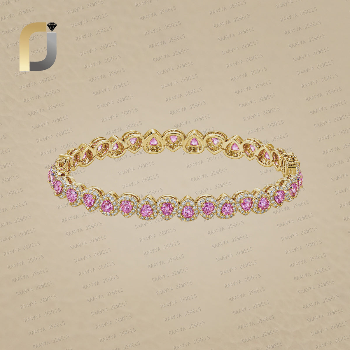 14K Gold Diamond Bangle, Gold Pink Sapphire Double Cut Diamond Bangle Jewelry
