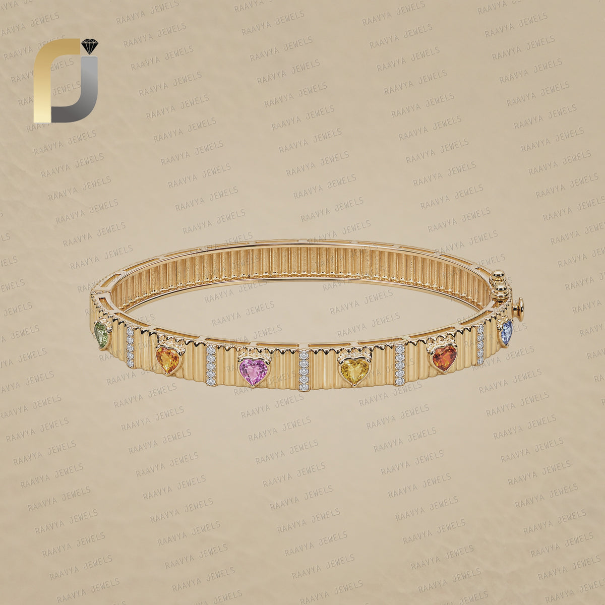 Solid 14k Yellow Gold Genuine Diamond & Multi Sapphire Bangle