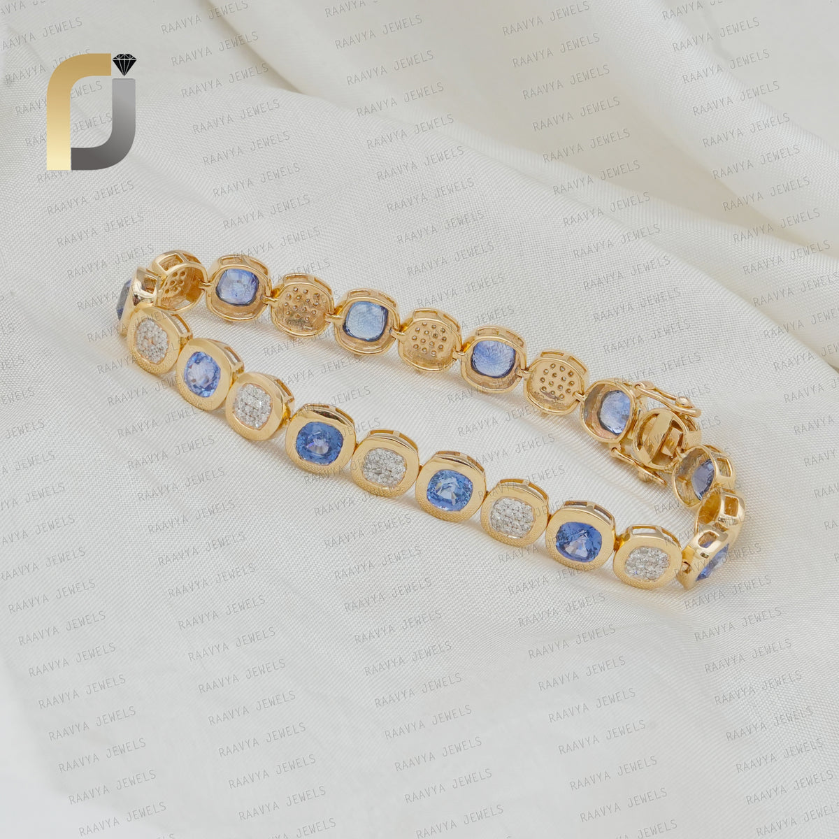 Blue Sapphire & Diamond 14K Solid Yelow Gold Bracelet