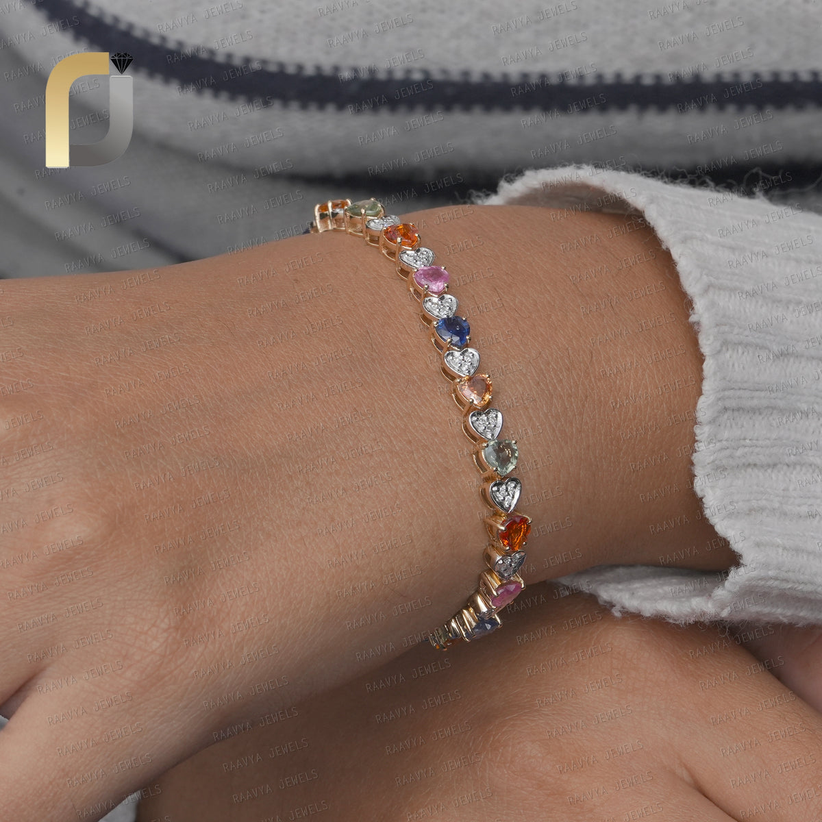14k Gold Diamond, Sapphire Heart Tennis Bracelet Fine Jewelry