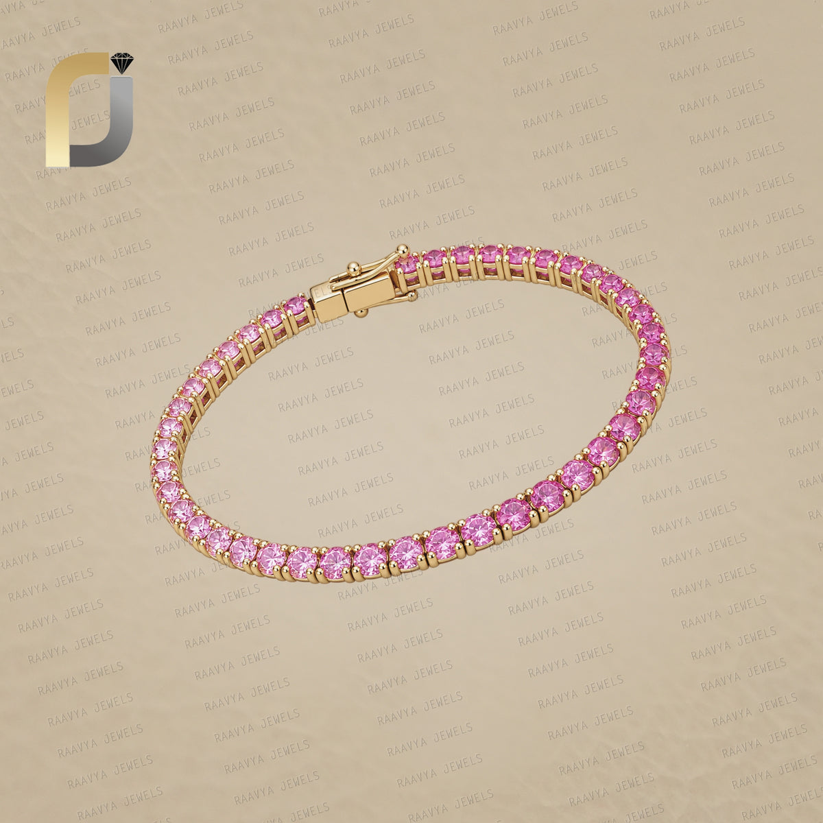 Genuine Pink Sapphire Gemstone Solid 14k Yellow Gold Bracelet