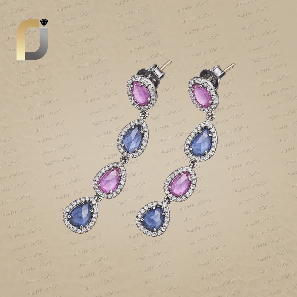 Diamond & Multi Sapphire 925 Silver & Gold Tear Drop & Dangle Earrings