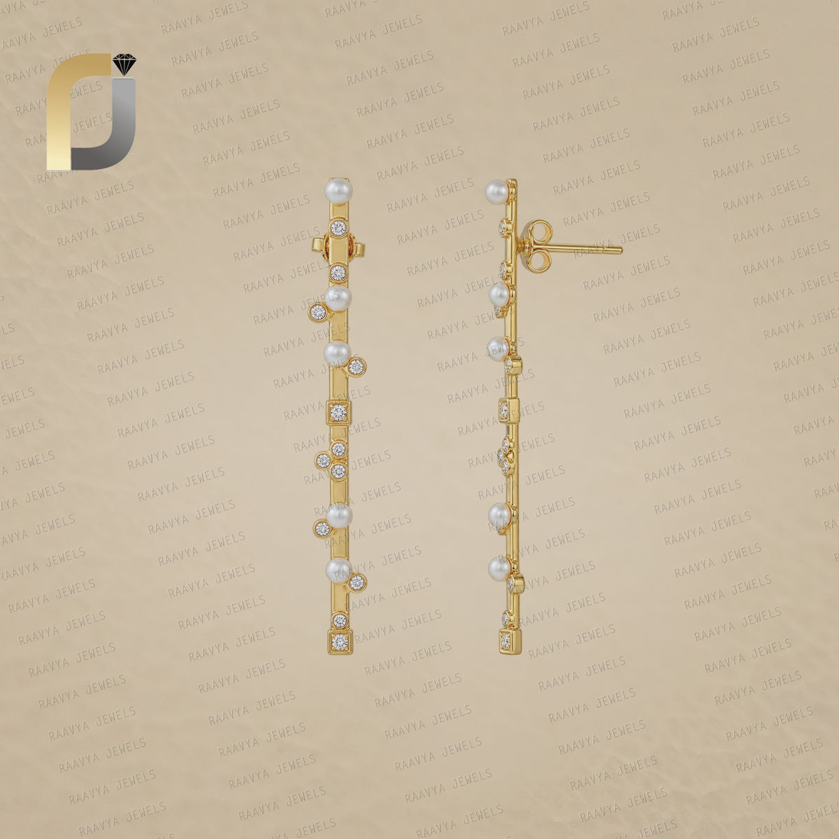 14K Yellow Gold Diamond & Pearl Bar Earrings