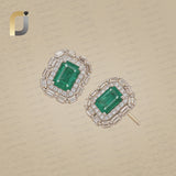 Natural Emerald Baguette Diamond Silver Stud Earrings Fine Jewelry