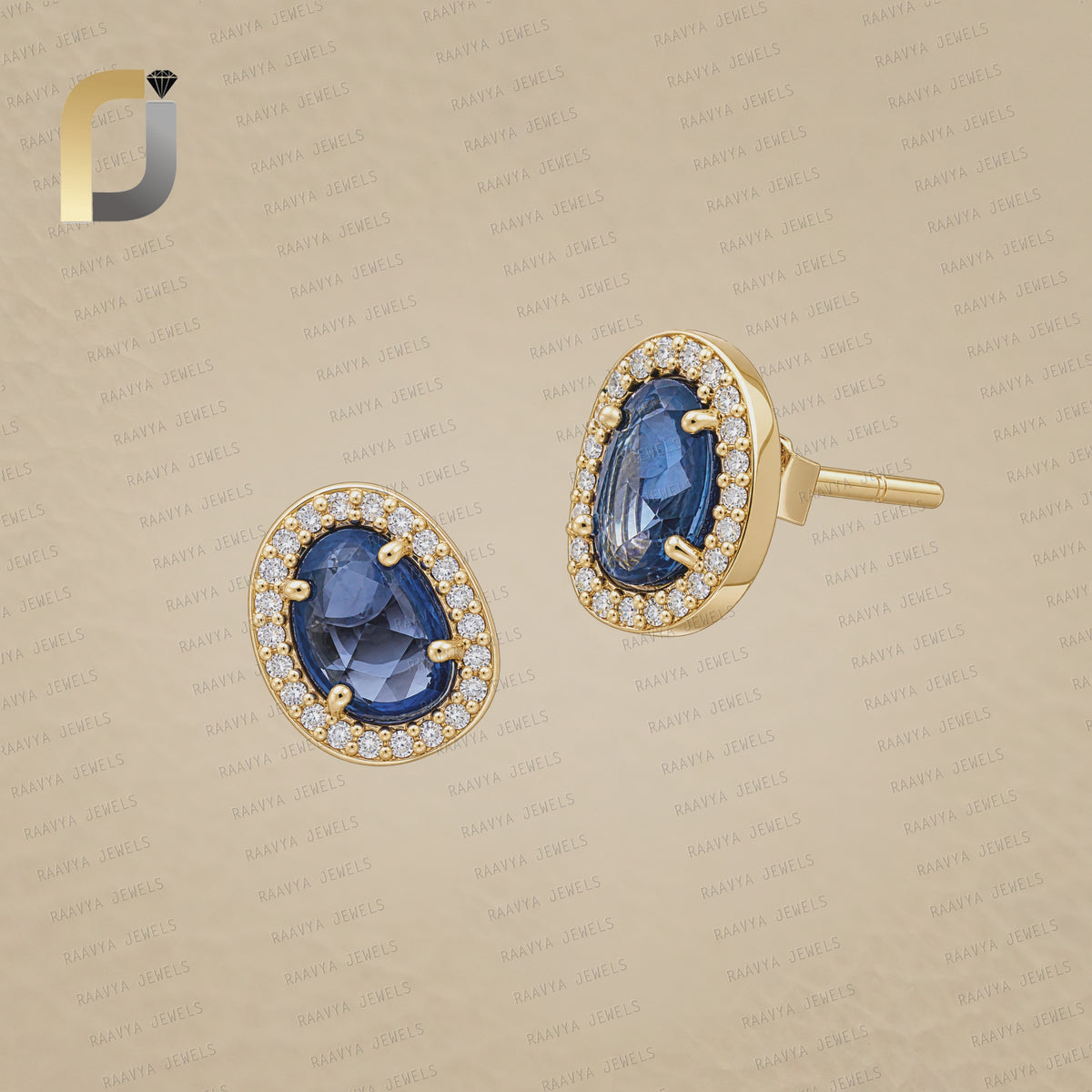 14k Solid Yellow Gold Sapphire & Diamond Studs Earrings