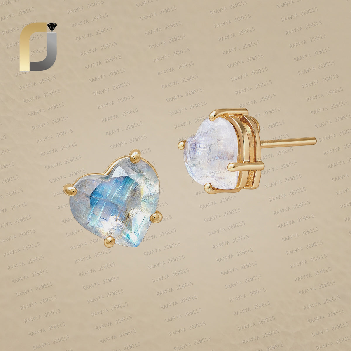 Moonstone Heart 14k Gold Studs 8 MM