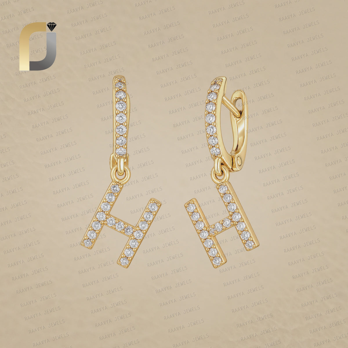 14K Solid Yellow Gold Pave Diamond H initials Hoop Earrings