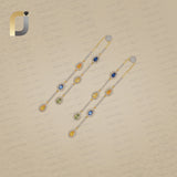Multi Sapphire Gemstone 14k Gold Diamond Long Earrings Fine Jewelry