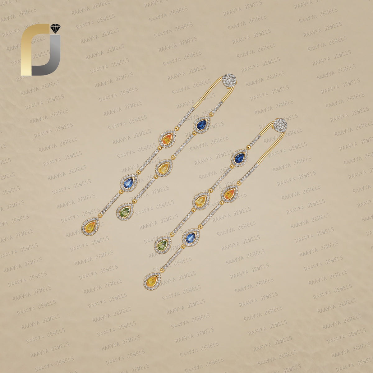 Multi Sapphire Gemstone 14k Gold Diamond Long Earrings Fine Jewelry