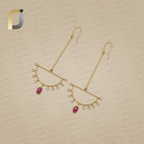 18K Solid Gold with Double Cut Diamond & Ruby Gemstone Designer Long Earrings