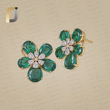 Solid 14k Yellow Gold Stud Natural Emerald & Diamond Handmade Stud Earrings