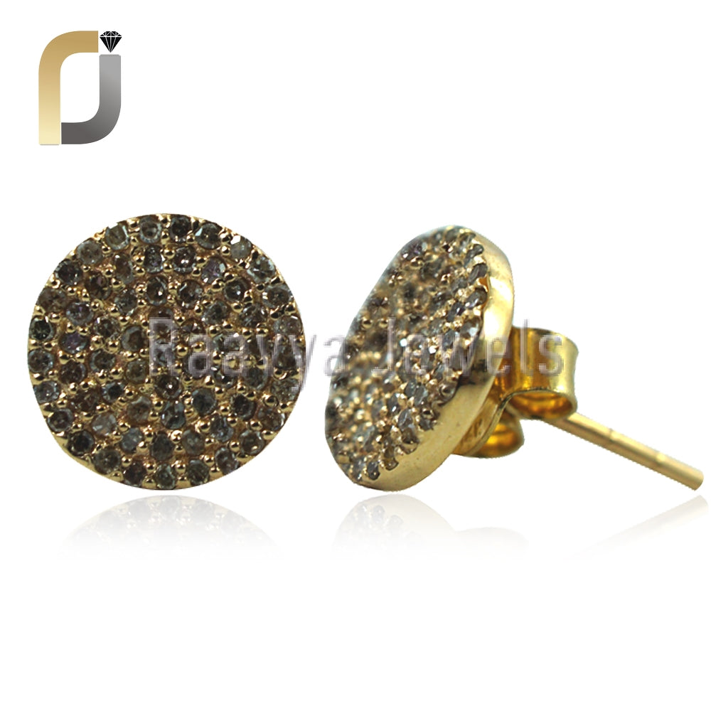 Pave White Diamond 14Kt Solid Yellow Gold Studs Earring