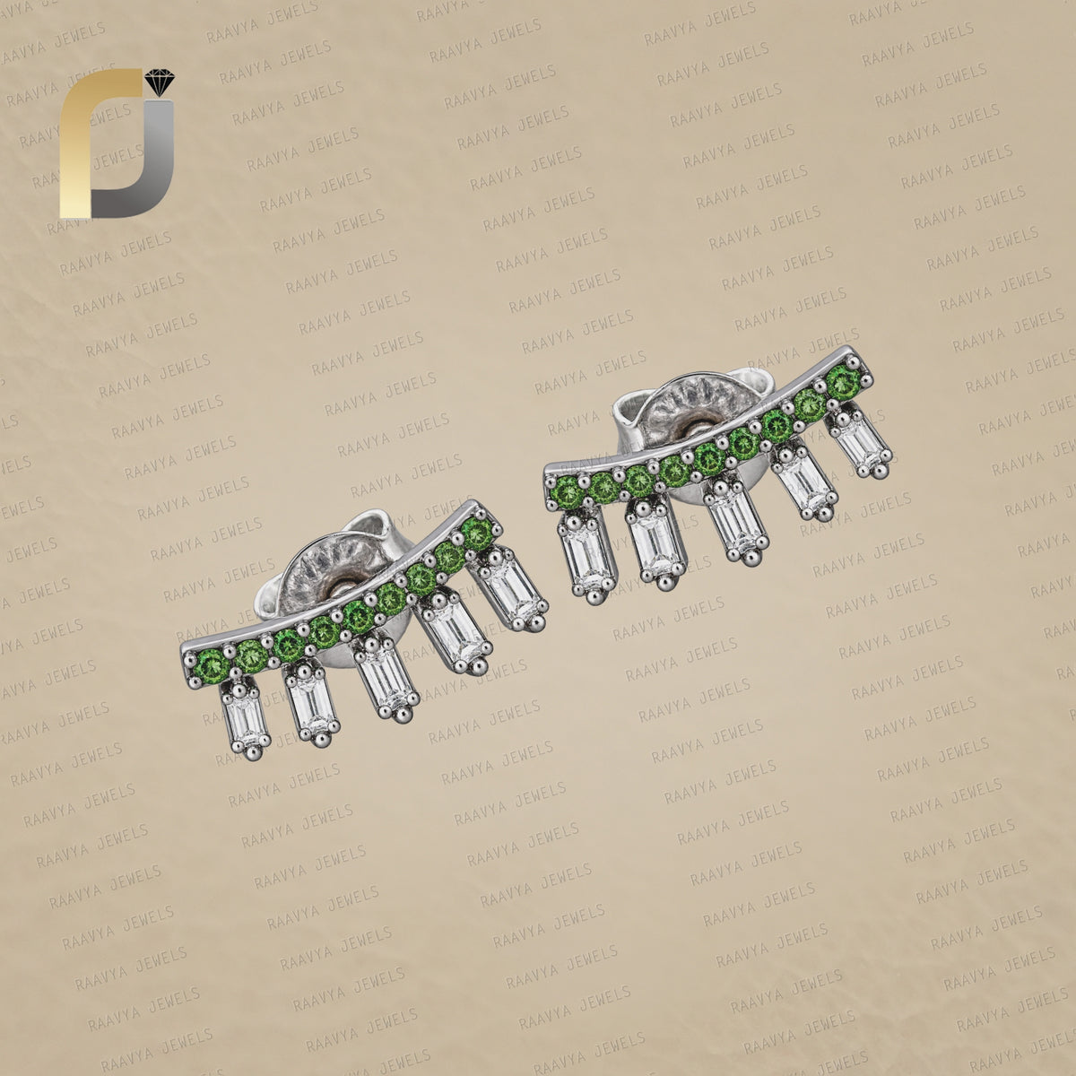 14K Gold & 925 Silver Baguette Diamond & Chrome Diopside Gemstone Studs Earring