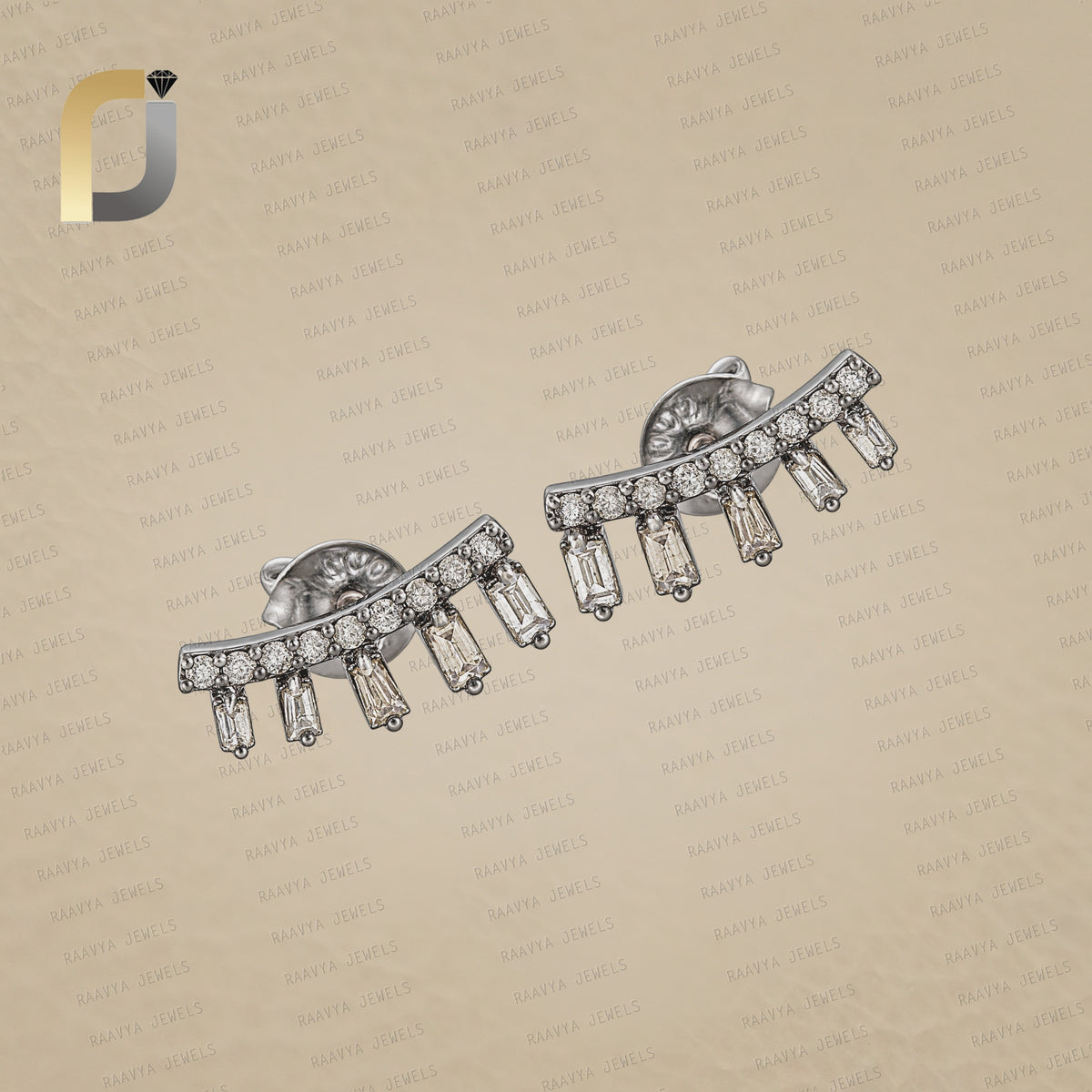 14K Gold  & 925 Silver Baguette Diamond & Brown Diamond Studs Earring