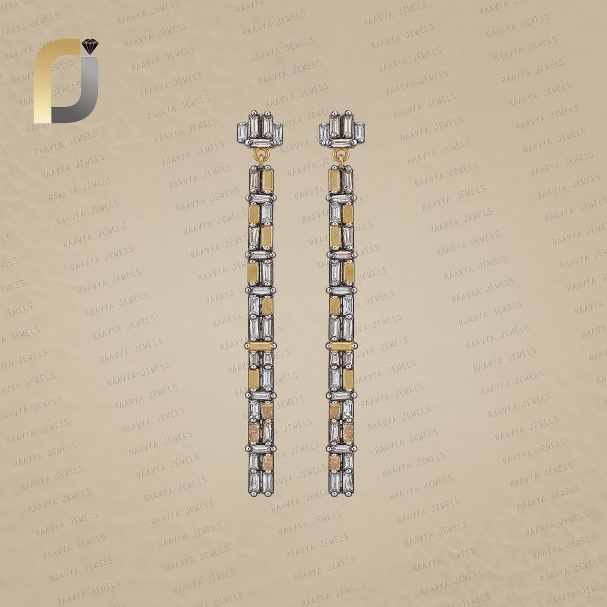Silver Baguette Diamon Long Bar Earrings