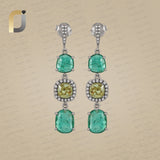 925 Silver Brown Diamond & Tamboli Diamond with Emerald Tearrop Earring