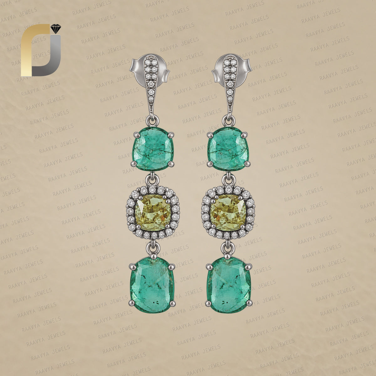 925 Silver Brown Diamond & Tamboli Diamond with Emerald Tearrop Earring