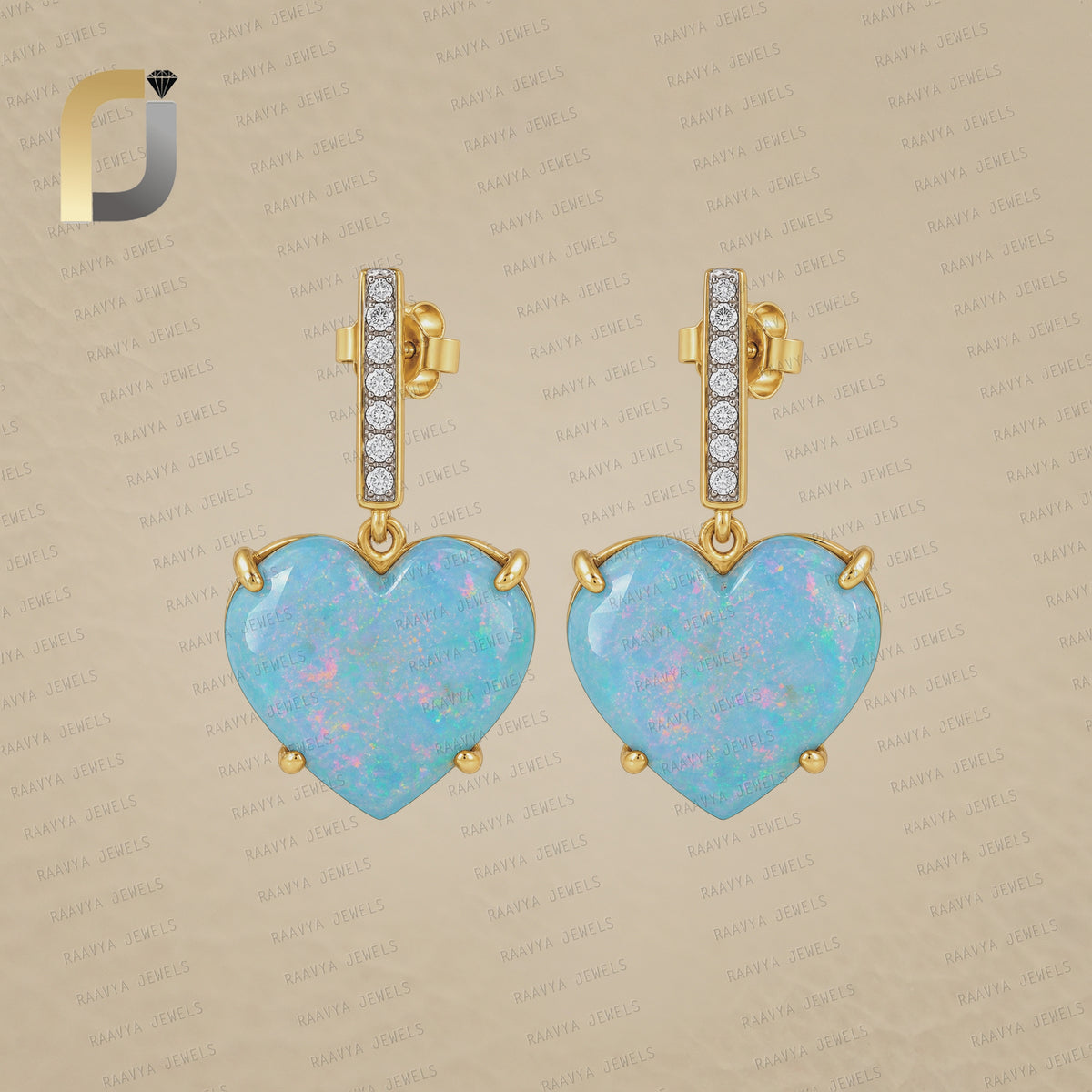 Opal & Diamond 14K Solid Heart Earrings