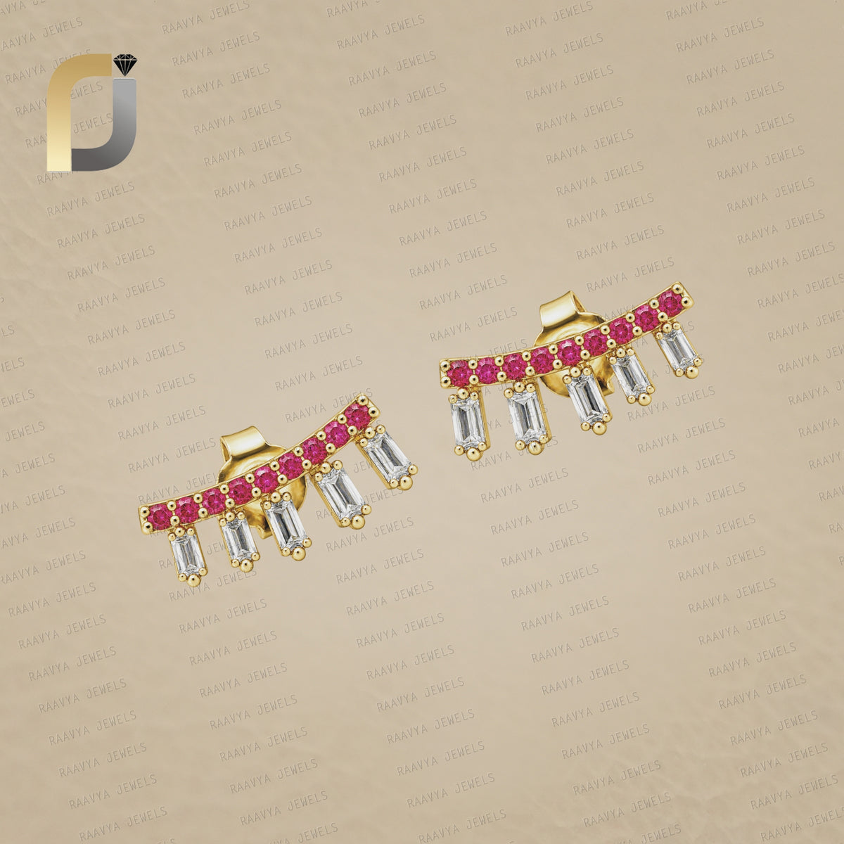 Baguette Diamond & Ruby Gemstone 14K Sold Studs Earrings