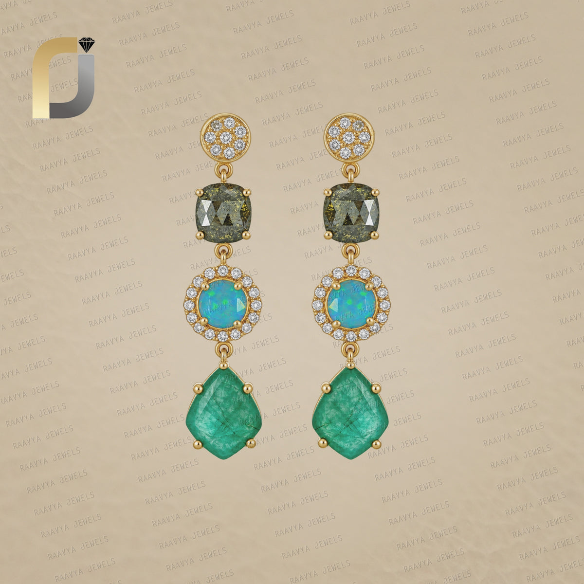 14K Solid Yellow Gold with Tamboli Diamond, Emerald and Opal Earrings