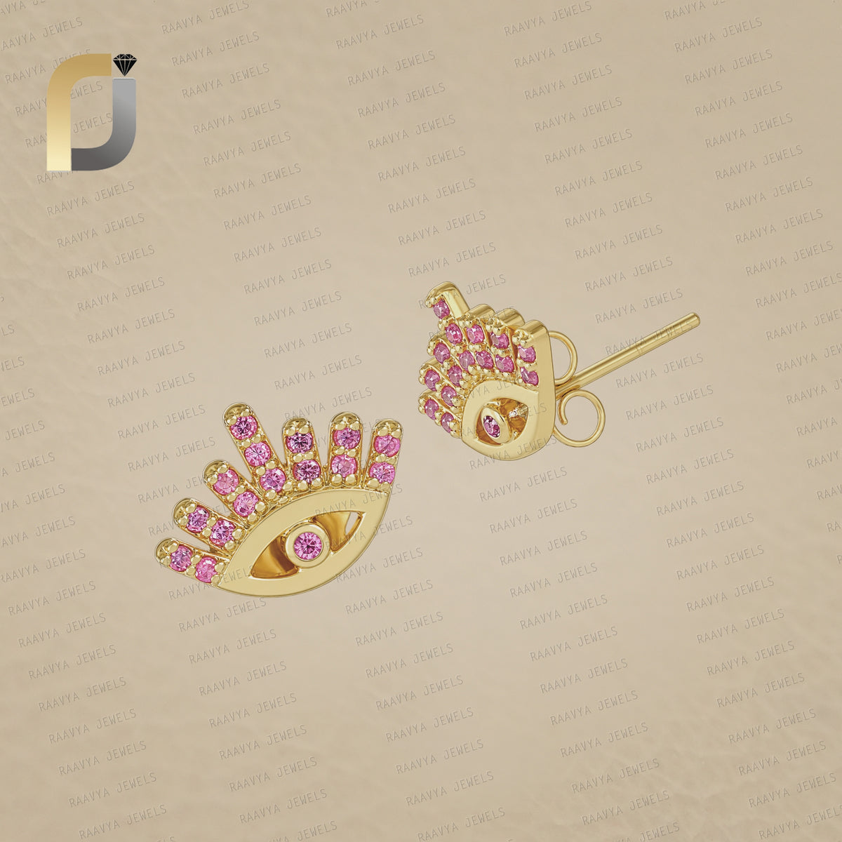 14K Solid Yellow Gold with Pink Sapphire Evil Studs Earrings