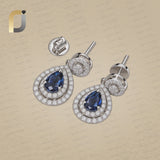 Blue Sapphire Gemstone Diamond 14k White Gold Drop Dangle Earrings