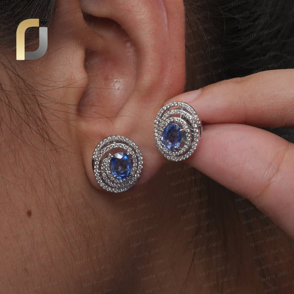 14K Solid White Gold Blue Sapphire & White Double Cut Diamond Studs Earrings