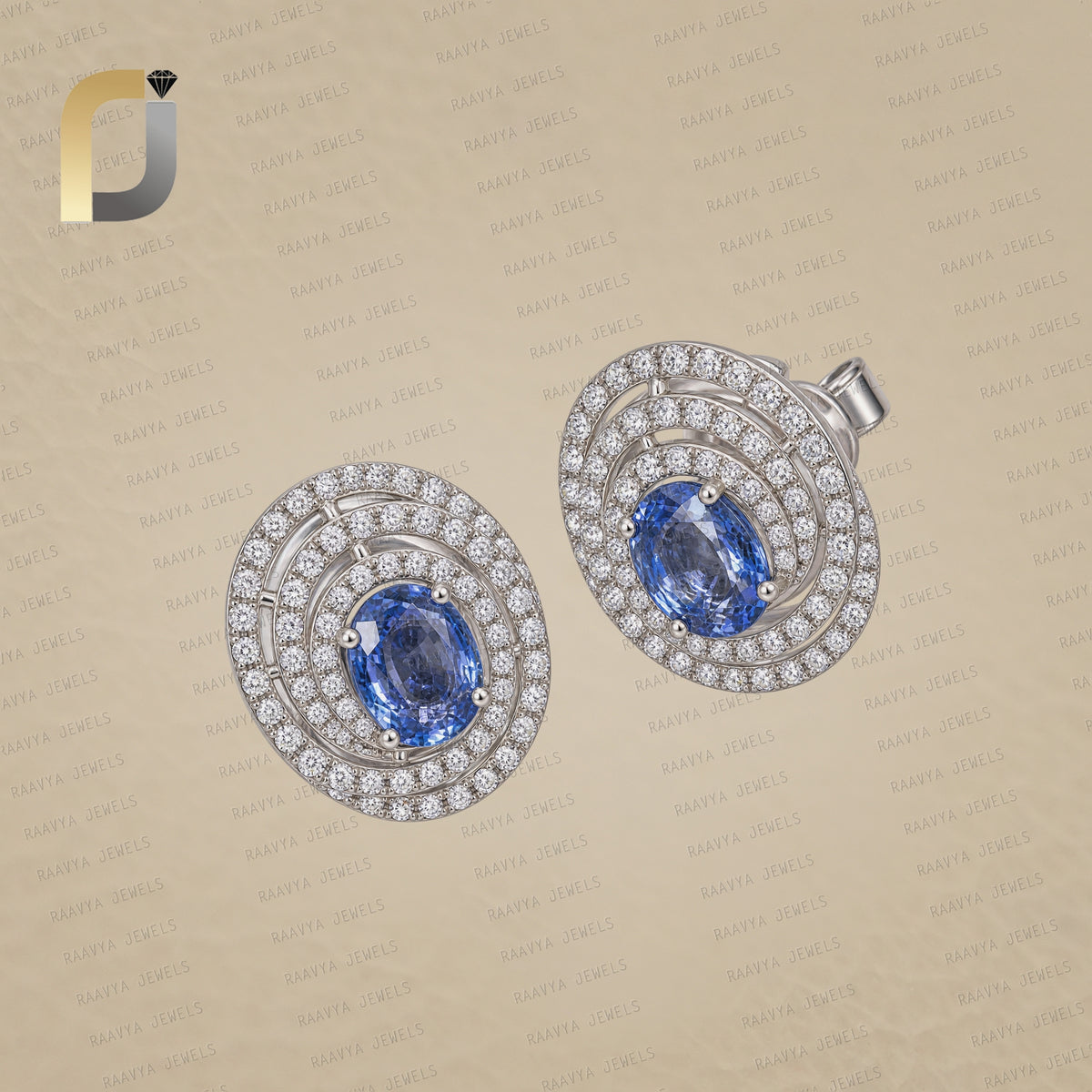 14K Solid White Gold Blue Sapphire & White Double Cut Diamond Studs Earrings