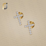 14K Yellow Gold White Diamond Cross Studs Earrings