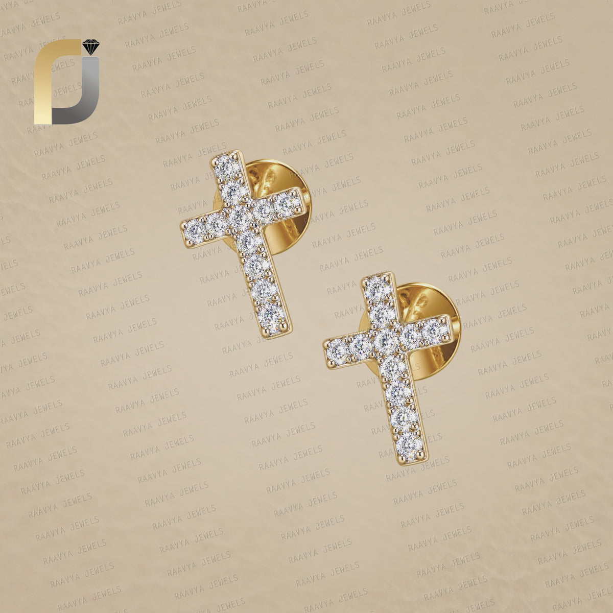 14K Yellow Gold White Diamond Cross Studs Earrings