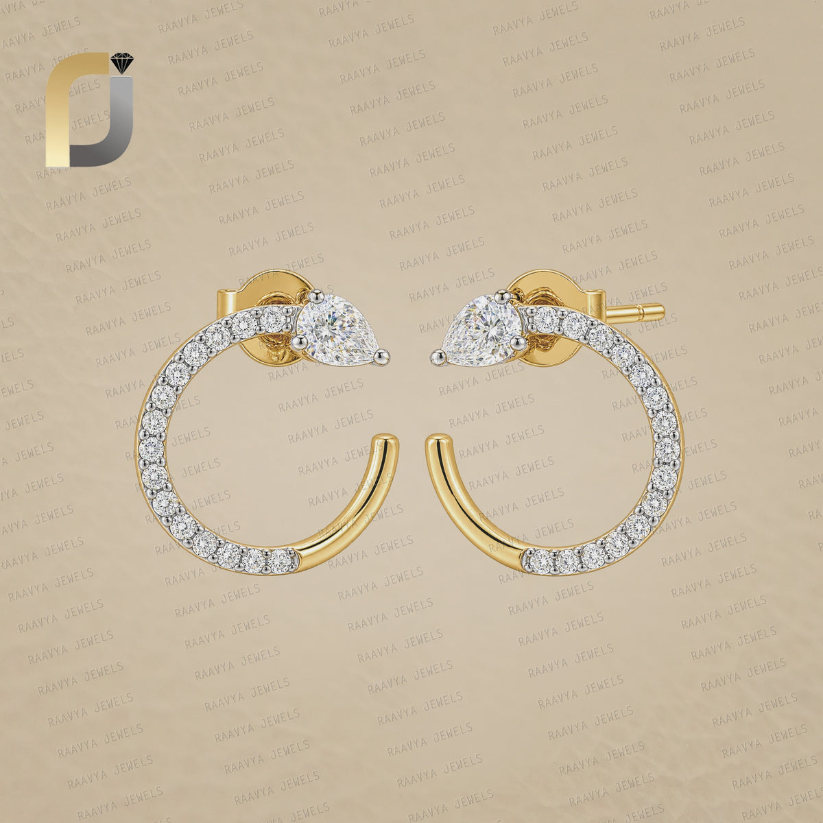 14k Solid Yellow Gold Half Hoop Earrings Lab Grown Diamond Jewelry