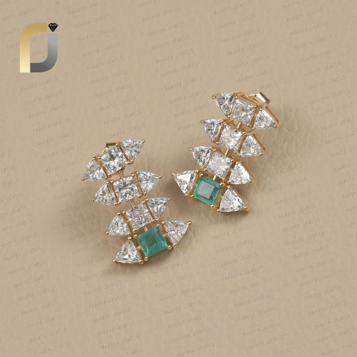 Solid 14k Yellow Gold Earrings Emerald Diamond Jewelry