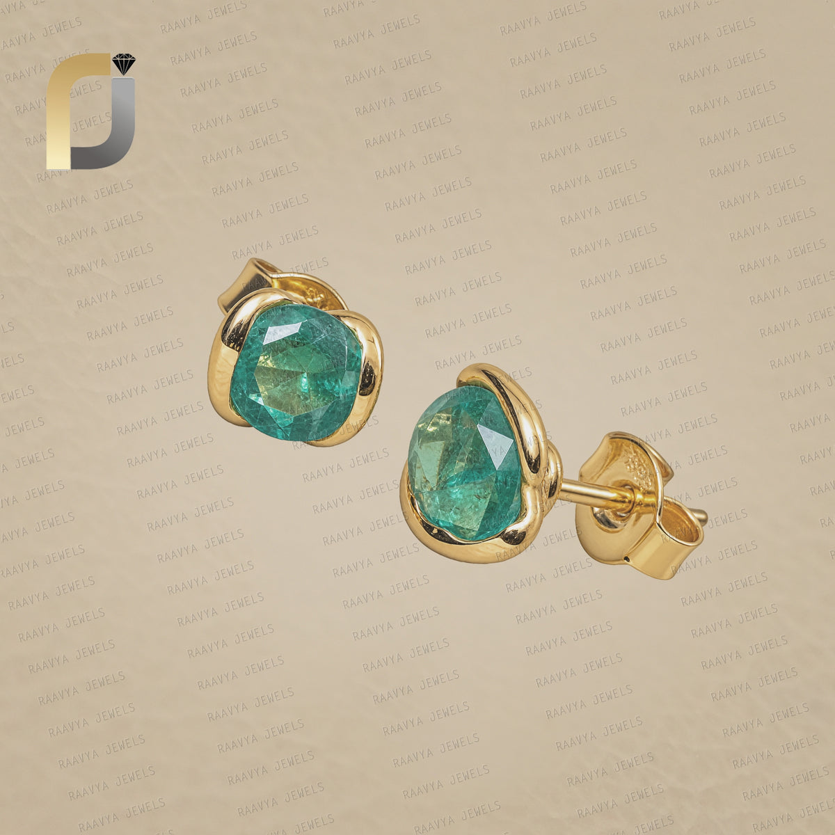 14k Yellow Gold Stud Emerald Gemstone Earrings