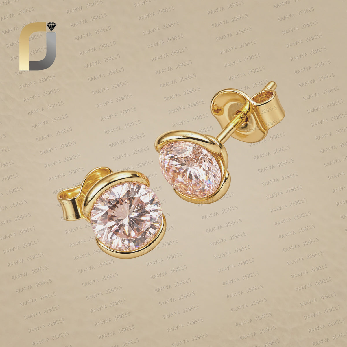 Solid 14k Yellow Round Shape Pink Lab Grown Diamond Studs Earrings