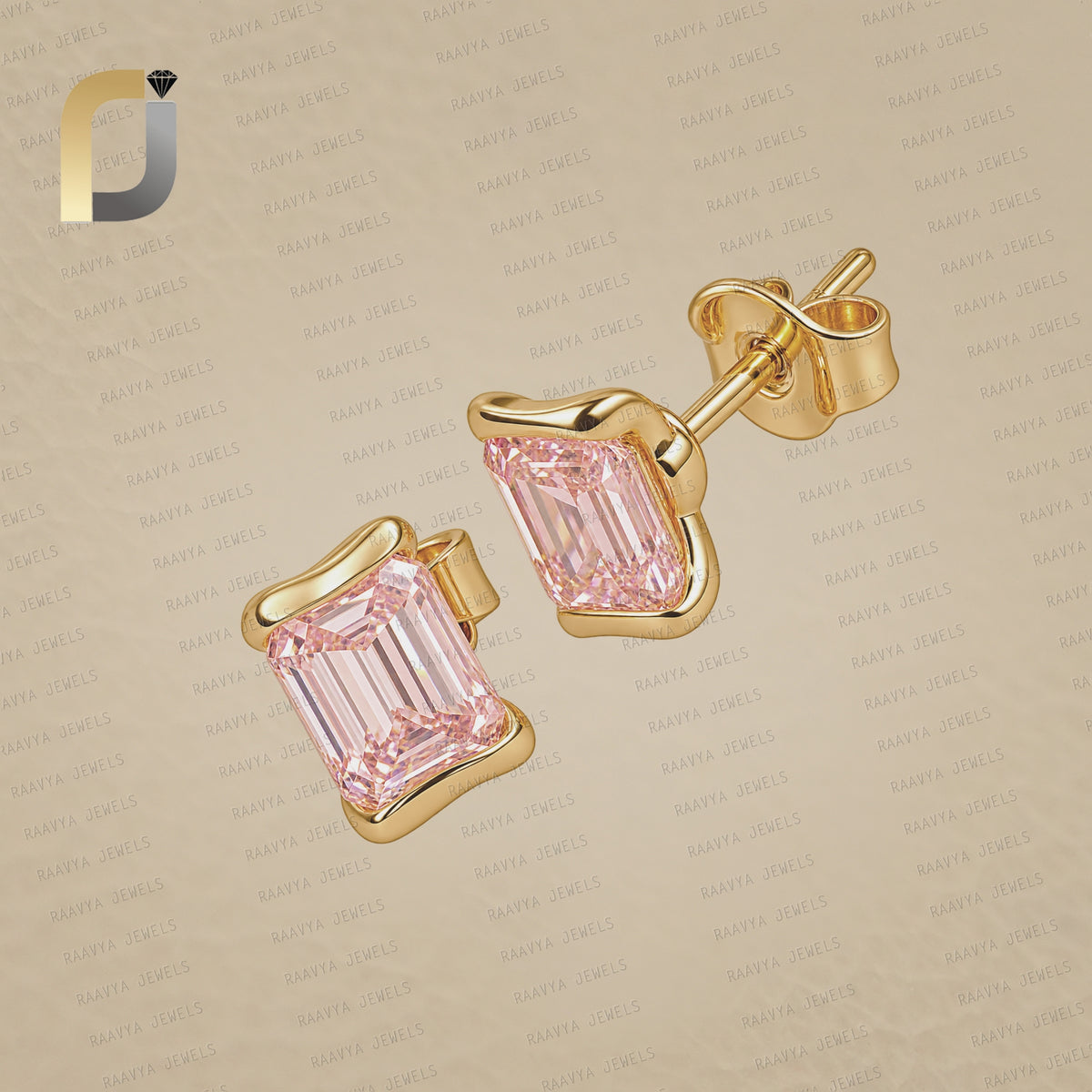 Solid 14k Yellow Rectangle Shape Pink Lab Grown Diamond Studs Earrings