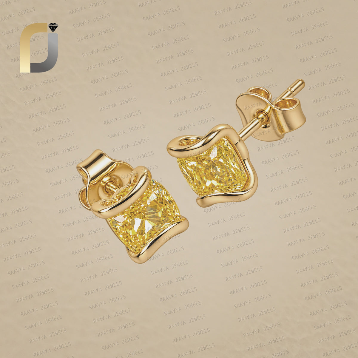 Solid 14k Yellow Lab Grown Square Shape Yellow Diamond Studs Earrings