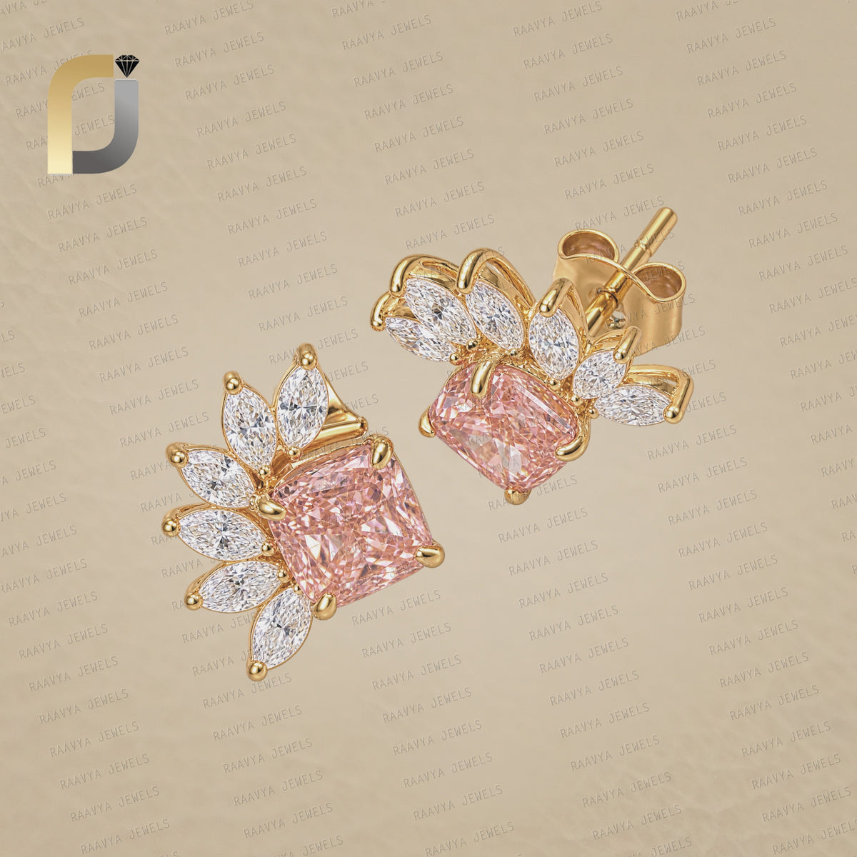 Pink & White 14K Solid Yellow Gold Designer Studs Earring