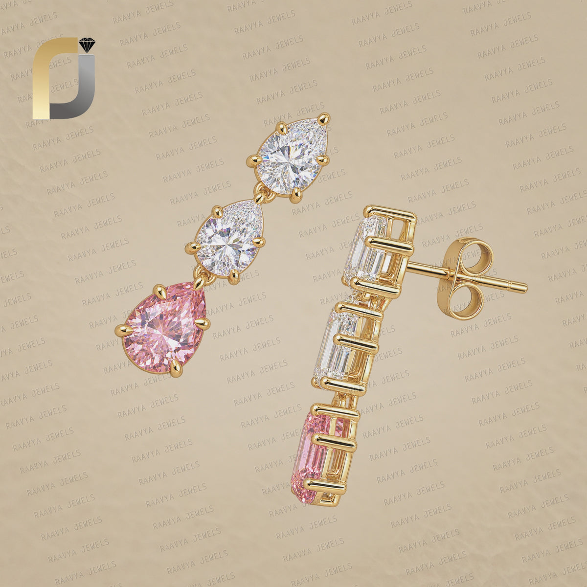 Pink & White Lab Grown Diamond Solid 14k Yellow Drop & Dangle Earrings