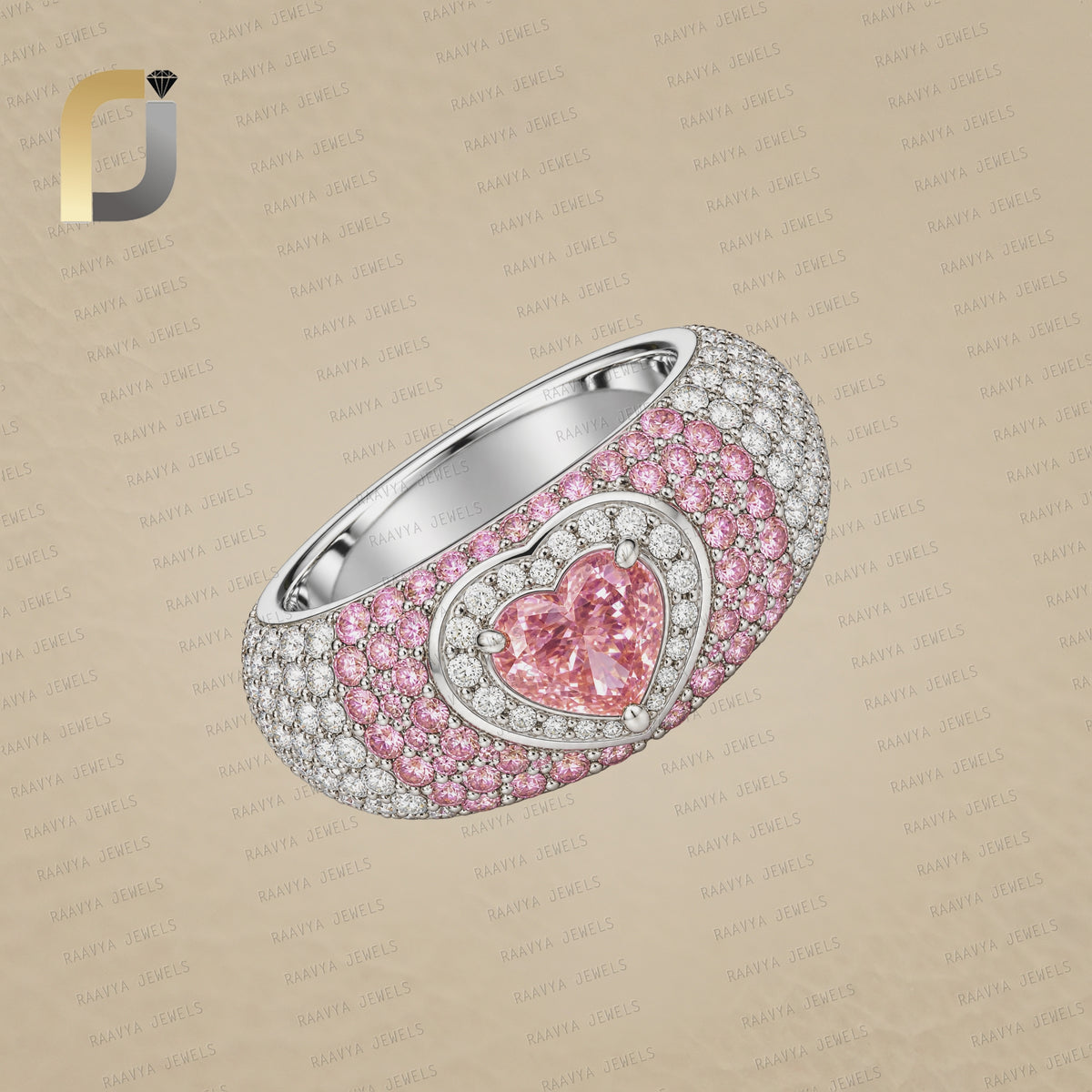 Solid 14k White Gold Band Ring Lab Grown Diamond Heart Stack Ring