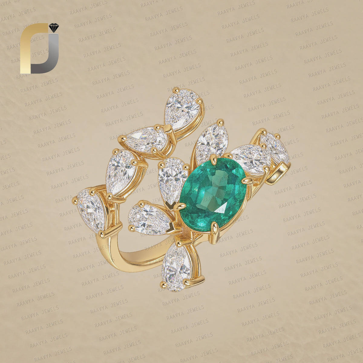 Solid 14k Yellow Gold Ring Handmade Lab Grown Diamond Emerald Ring Jewelry