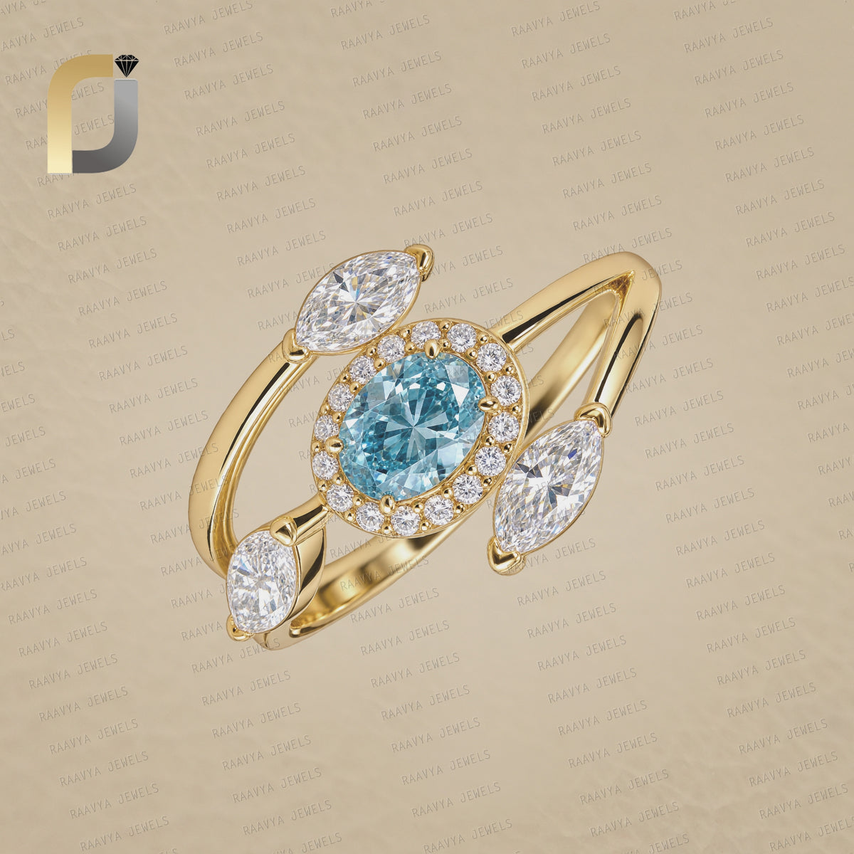Blue & White Lab Grown 14K Solid Yellow Gold Solitaire Ring