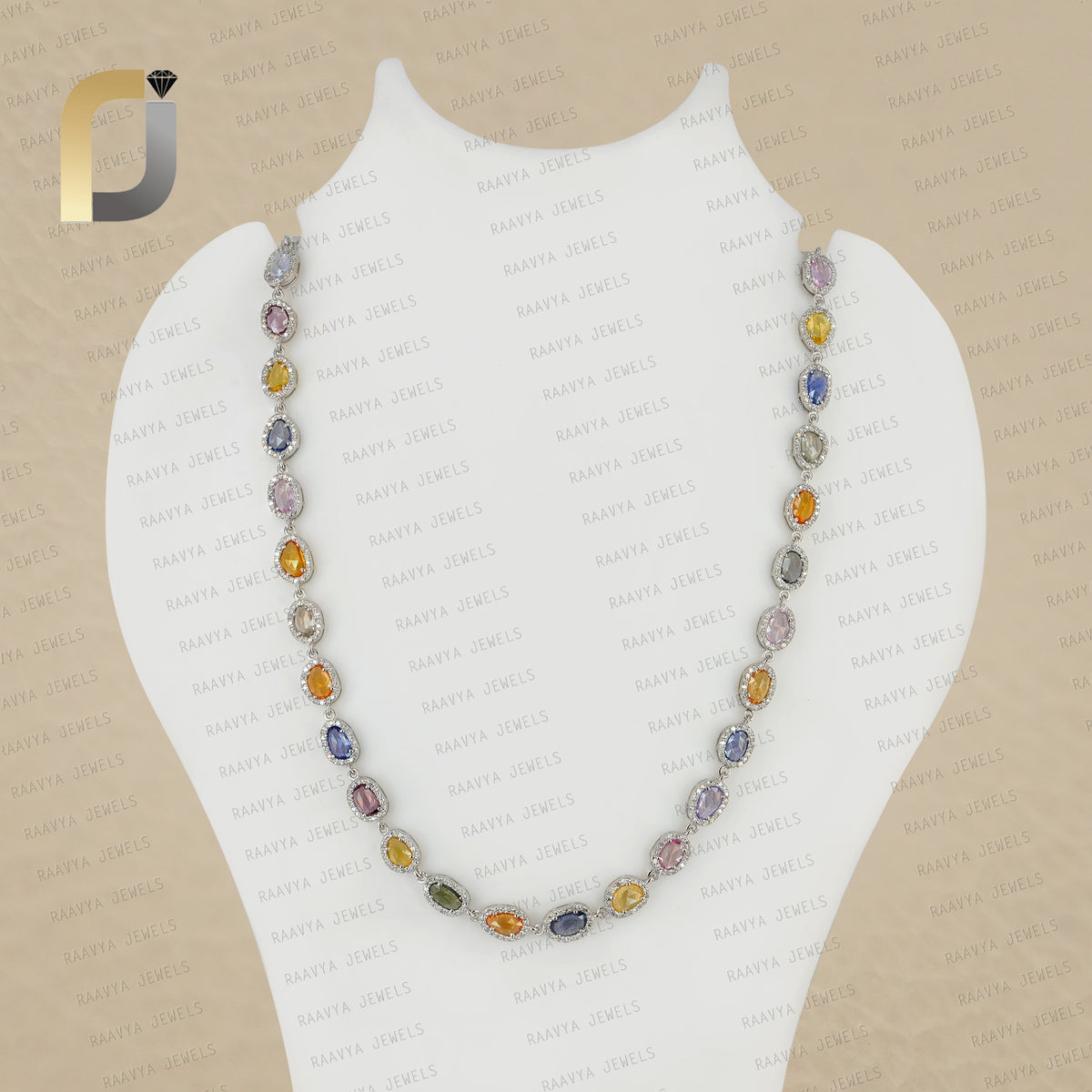 Natural Multi Sapphire Necklace 925 Silver Pave Diamond Necklace