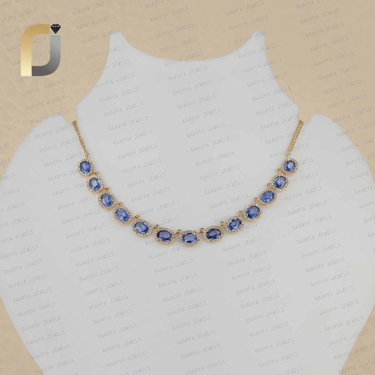 Solid 14k Yellow Gold Necklace Natural Diamond Sapphire Gemstone Jewelry