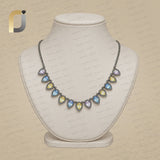 Multi Sapphire Gemstone Pave Diamond Oxidized 925 Silver Chain Necklace